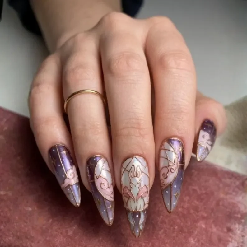 Celestial Nail Art, Filigree Design, press on nails, custom press on nails, fake nails, Nails Art, stained glass nails, gold press on nails, 3d press on nails, luxury press on nails, handmade press on nails