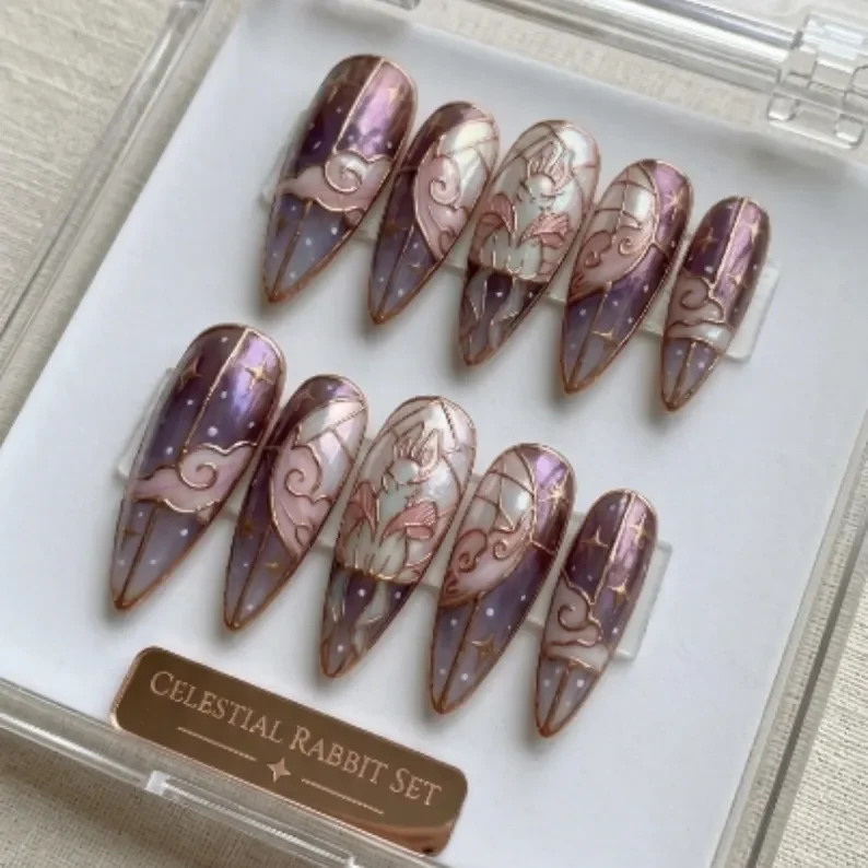 3D Moon Bunny, Stained Glass Nails, press on nails, custom press on nails, fake nails, Nails Art, stained glass nails, gold press on nails, 3d press on nails, luxury press on nails, handmade press on nails