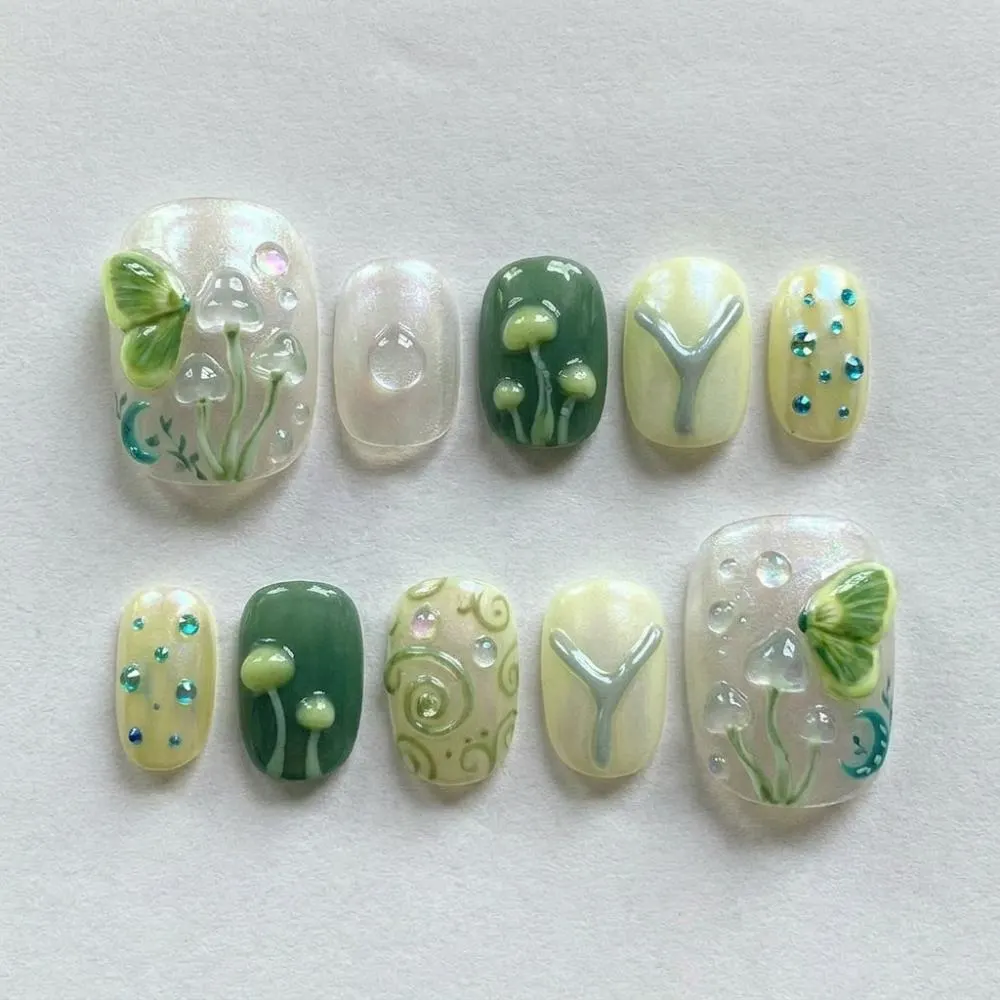 3D Mushroom Press On, Fairycore Luna Moth, press on nails, custom press on nails, fake nails, Nails Art, stained glass nails, gold press on nails, 3d press on nails, luxury press on nails, handmade press on nails
