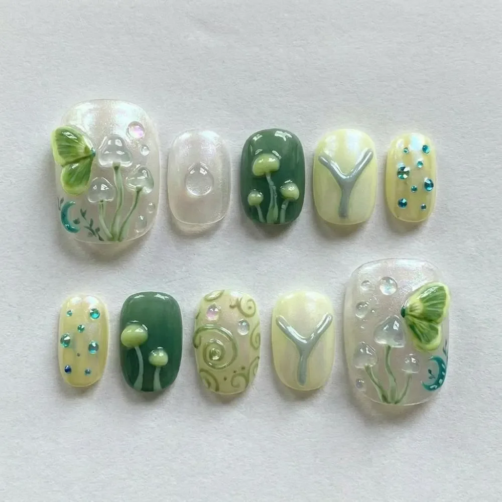 3D Mushroom Press On, Fairycore Luna Moth, press on nails, custom press on nails, fake nails, Nails Art, stained glass nails, gold press on nails, 3d press on nails, luxury press on nails, handmade press on nails