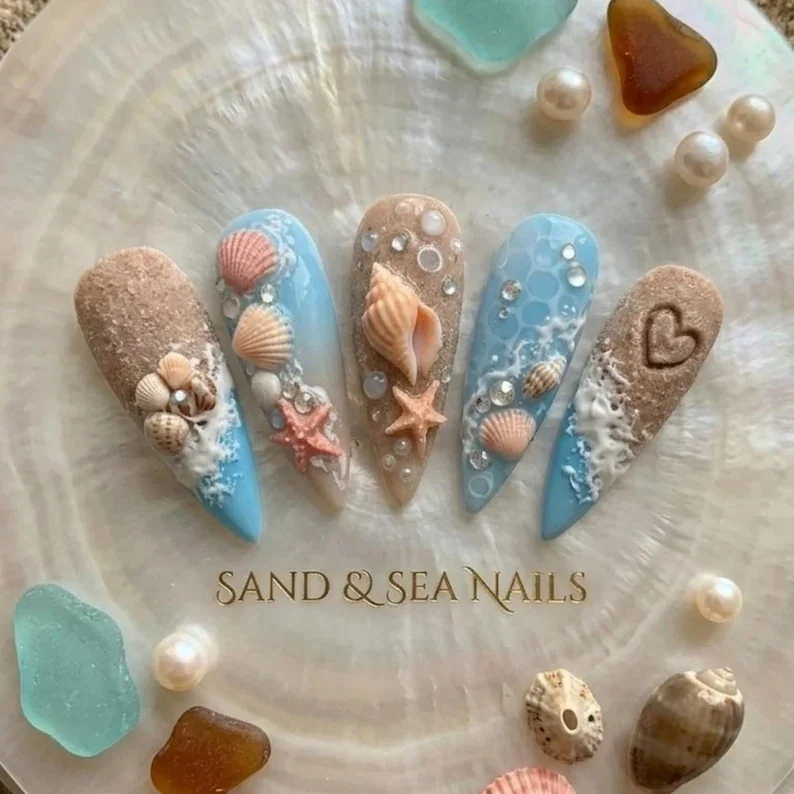 3D Ocean Beach, Press On Nails, press on nails, custom press on nails, fake nails, Nails Art, stained glass nails, gold press on nails, 3d press on nails, luxury press on nails, handmade press on nails