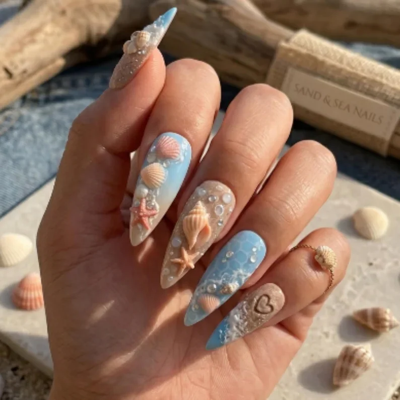 Realistic Sand Texture, Sculpted Seashells, press on nails, custom press on nails, fake nails, Nails Art, stained glass nails, gold press on nails, 3d press on nails, luxury press on nails, handmade press on nails