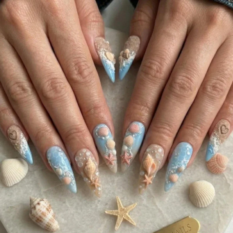 Ocean Waves, Beach Themed Nails, press on nails, custom press on nails, fake nails, Nails Art, stained glass nails, gold press on nails, 3d press on nails, luxury press on nails, handmade press on nails