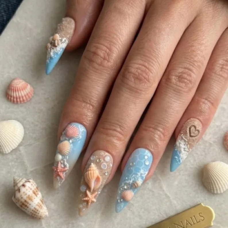 Textured Nail Art, Seashell Nail Design, press on nails, custom press on nails, fake nails, Nails Art, stained glass nails, gold press on nails, 3d press on nails, luxury press on nails, handmade press on nails