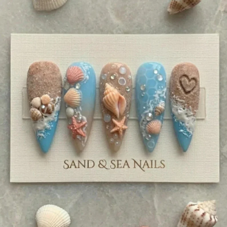 3D Ocean Beach, Press On Nails, press on nails, custom press on nails, fake nails, Nails Art, stained glass nails, gold press on nails, 3d press on nails, luxury press on nails, handmade press on nails