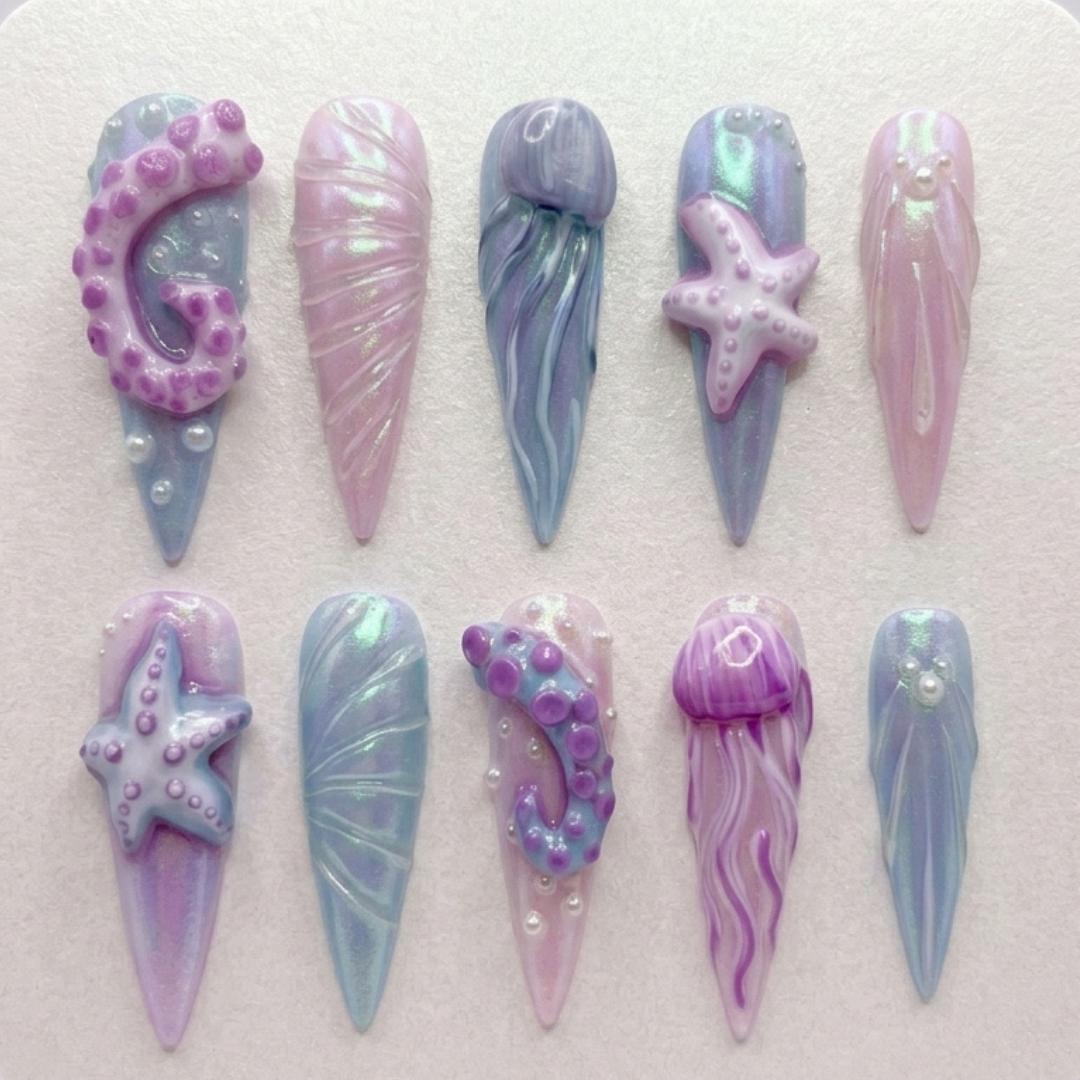 Iridescent Mermaidcore, Jellyfish Nails, press on nails, custom press on nails, fake nails, Nails Art, stained glass nails, gold press on nails, 3d press on nails, luxury press on nails, handmade press on nails