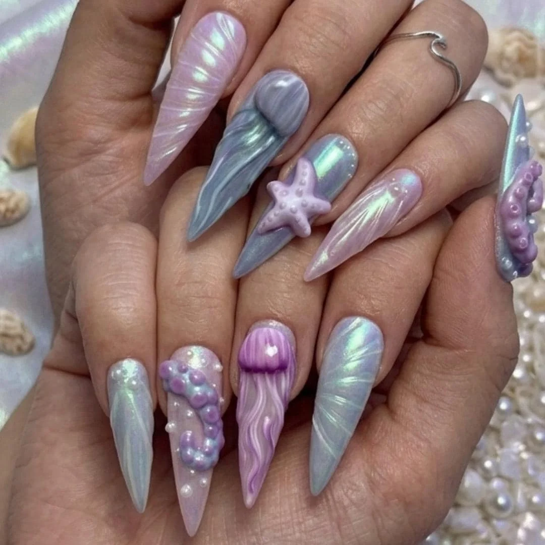 Iridescent Mermaidcore, Jellyfish Nails, press on nails, custom press on nails, fake nails, Nails Art, stained glass nails, gold press on nails, 3d press on nails, luxury press on nails, handmade press on nails