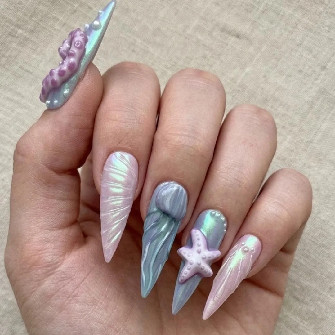 Stiletto Nails, Mermaidcore Style, press on nails, custom press on nails, fake nails, Nails Art, stained glass nails, gold press on nails, 3d press on nails, luxury press on nails, handmade press on nails