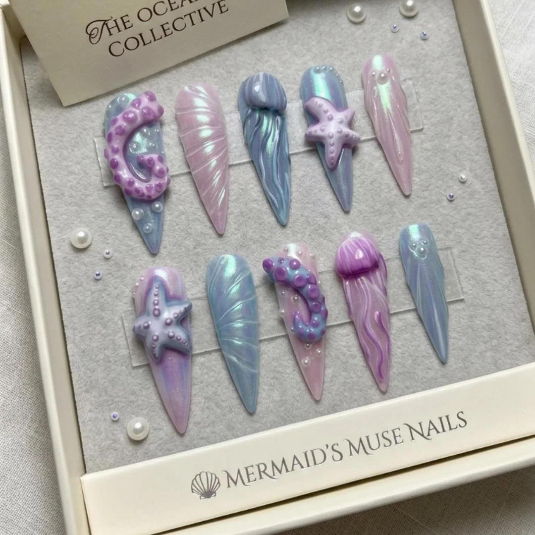 3D Ocean Fantasy, Press On Nails, press on nails, custom press on nails, fake nails, Nails Art, stained glass nails, gold press on nails, 3d press on nails, luxury press on nails, handmade press on nails