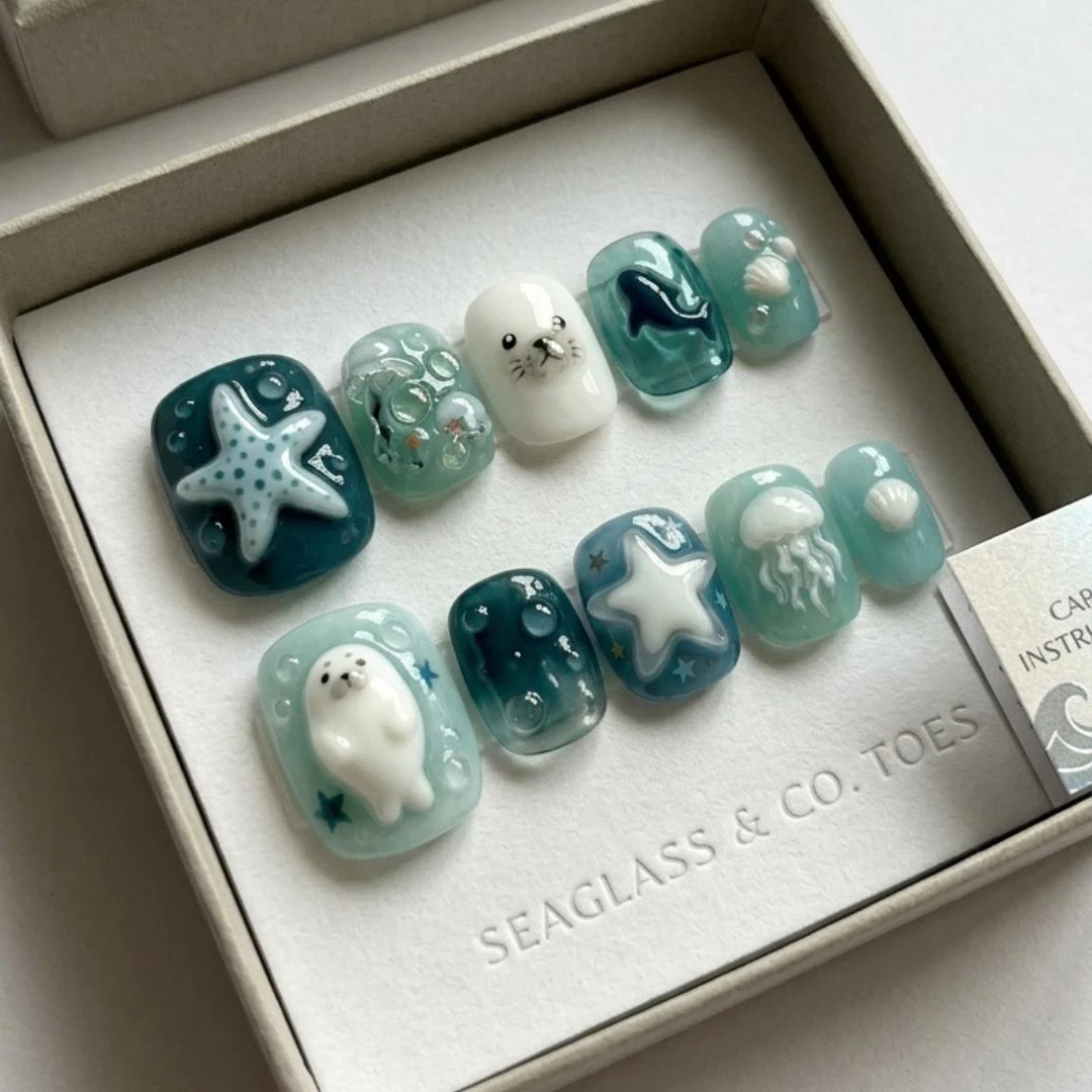 3D ocean seal, press on toes, press on nails, custom press on nails, fake nails, Nails Art, stained glass nails, gold press on nails, 3d press on nails, luxury press on nails, handmade press on nails