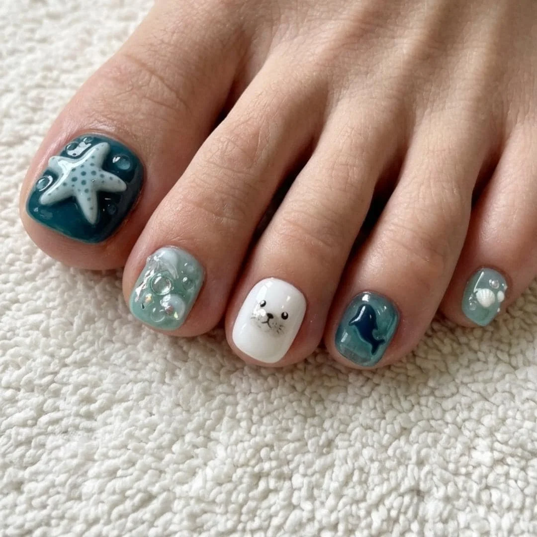 teal starfish, jellyfish nails, press on nails, custom press on nails, fake nails, Nails Art, stained glass nails, gold press on nails, 3d press on nails, luxury press on nails, handmade press on nails