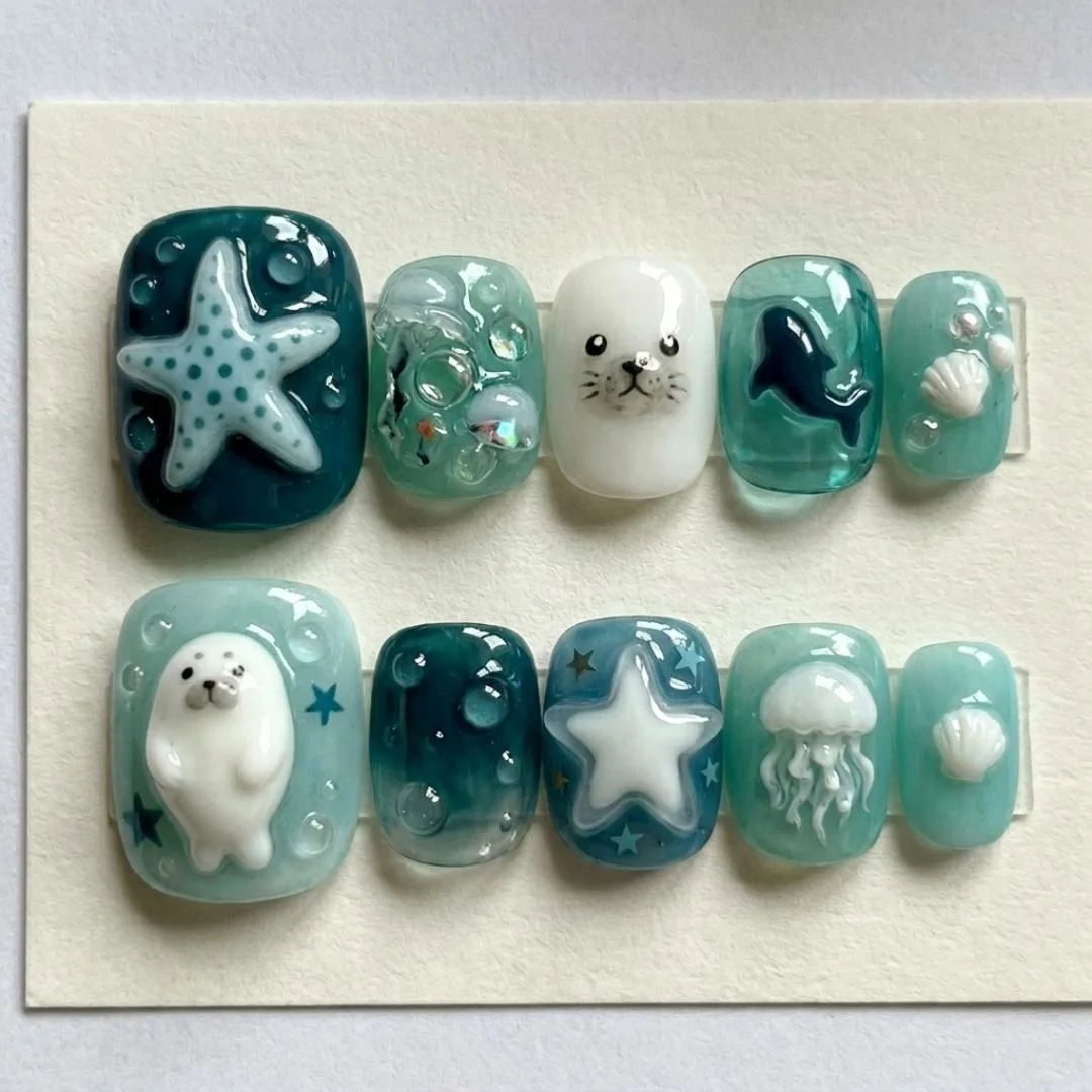 kawaii sea, sea animal pedi, press on nails, custom press on nails, fake nails, Nails Art, stained glass nails, gold press on nails, 3d press on nails, luxury press on nails, handmade press on nails