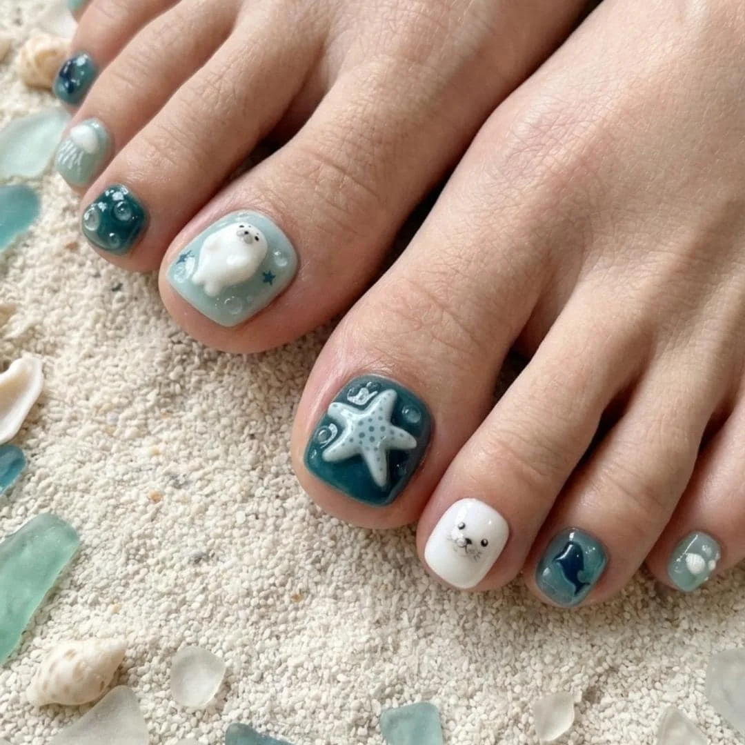 ocean themed nails, jellyfish toe nails, press on nails, custom press on nails, fake nails, Nails Art, stained glass nails, gold press on nails, 3d press on nails, luxury press on nails, handmade press on nails