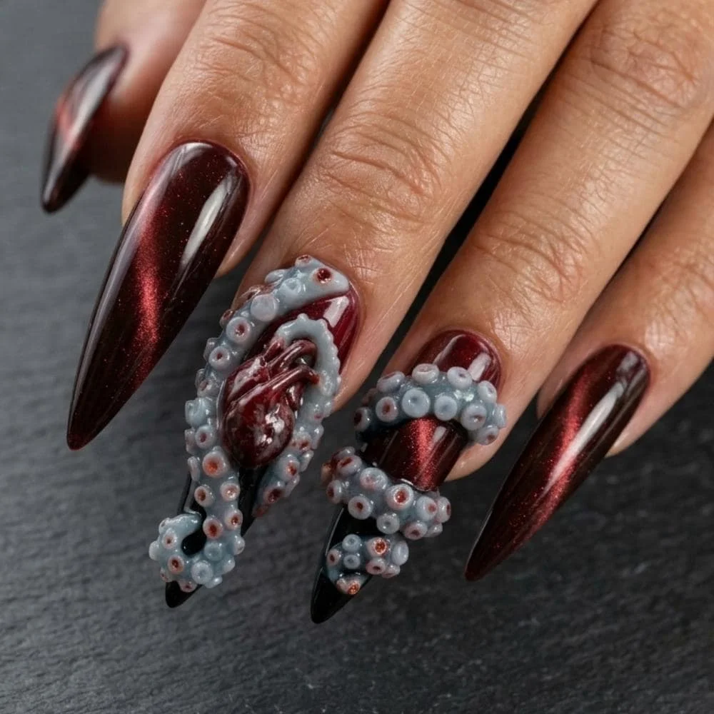 3D octopus nails, tentacle heart nails, press on nails, custom press on nails, fake nails, Nails Art, stained glass nails, gold press on nails, 3d press on nails, luxury press on nails, handmade press on nails