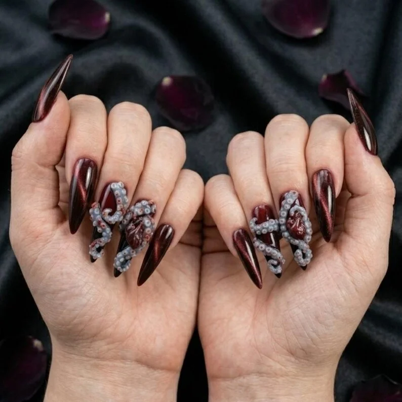 press on nails, burgundy cat eye, custom press on nails, fake nails, Nails Art, stained glass nails, gold press on nails, 3d press on nails, luxury press on nails, handmade press on nails