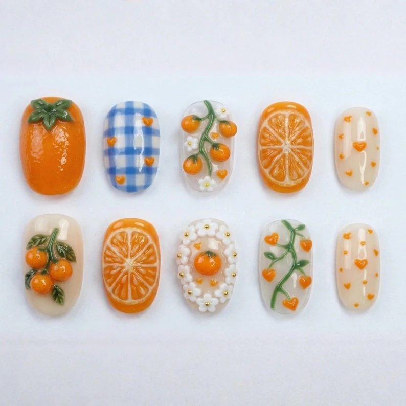 Summer Fruit, Gingham Art, press on nails, custom press on nails, fake nails, Nails Art, stained glass nails, gold press on nails, 3d press on nails, luxury press on nails, handmade press on nails
