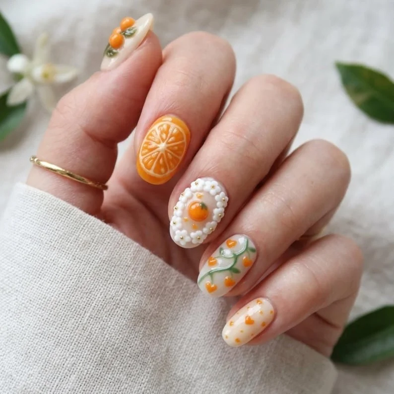 Summer Fruit, Gingham Art, press on nails, custom press on nails, fake nails, Nails Art, stained glass nails, gold press on nails, 3d press on nails, luxury press on nails, handmade press on nails