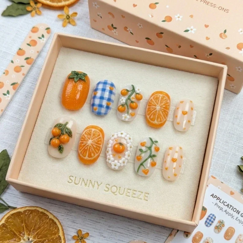 Citrus Press, Orange Nail Art, press on nails, custom press on nails, fake nails, Nails Art, stained glass nails, gold press on nails, 3d press on nails, luxury press on nails, handmade press on nails