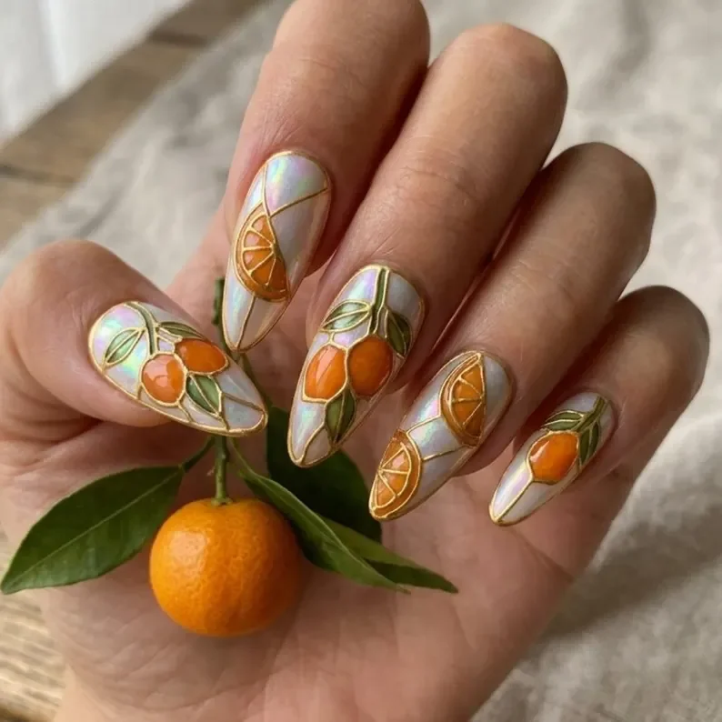 3D orange nails, citrus stained glass, press on nails, custom press on nails, fake nails, Nails Art, stained glass nails, gold press on nails, 3d press on nails, luxury press on nails, handmade press on nails