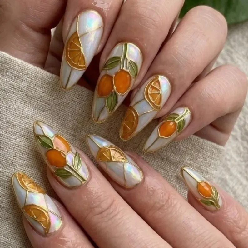 stained glass nails, orange citrus design, press on nails, custom press on nails, fake nails, Nails Art, gold press on nails, 3d press on nails, luxury press on nails, handmade press on nails
