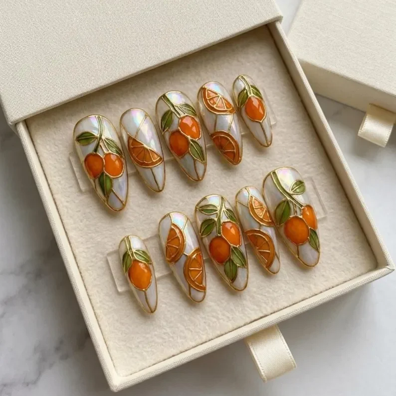3D orange nails, citrus stained glass, press on nails, custom press on nails, fake nails, Nails Art, stained glass nails, gold press on nails, 3d press on nails, luxury press on nails, handmade press on nails