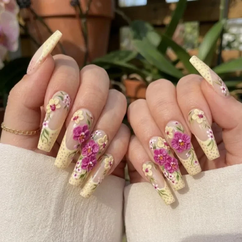Floral Art Nails, Tropical Summer, press on nails, custom press on nails, fake nails, Nails Art, stained glass nails, gold press on nails, 3d press on nails, luxury press on nails, handmade press on nails