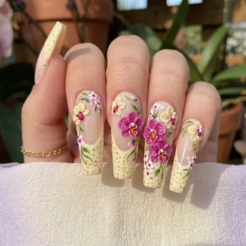 Summer Orchid, Floral French Tips, press on nails, custom press on nails, fake nails, Nails Art, stained glass nails, gold press on nails, 3d press on nails, luxury press on nails, handmade press on nails