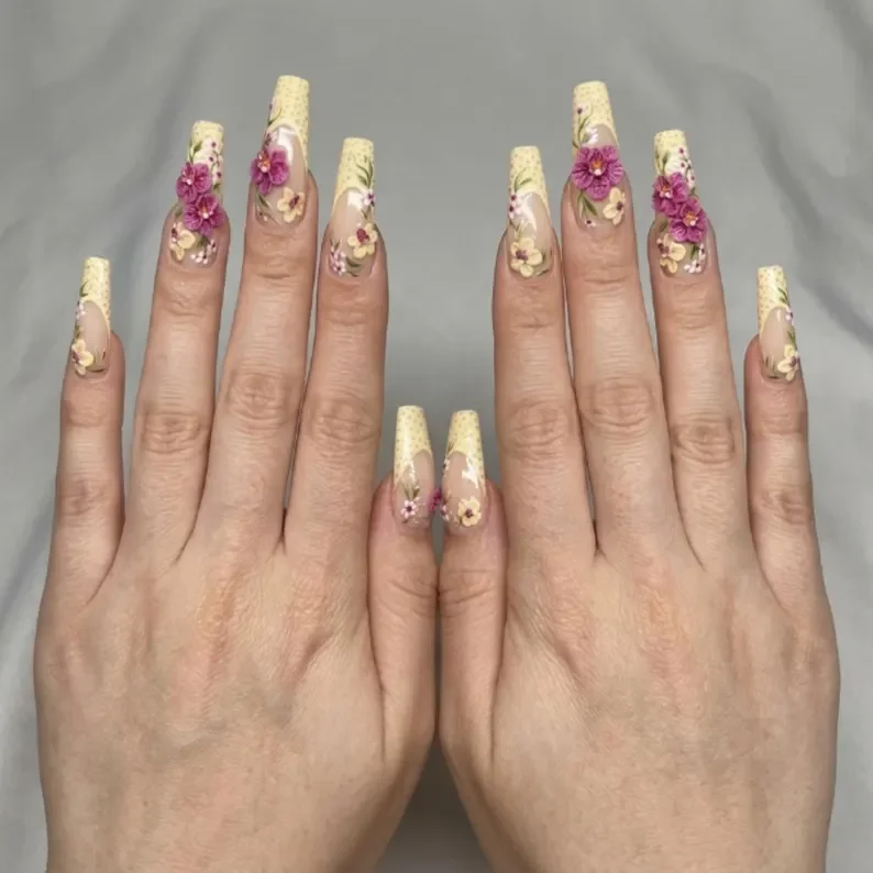 3D Orchid Nails, French Tip Press, press on nails, custom press on nails, fake nails, Nails Art, stained glass nails, gold press on nails, 3d press on nails, luxury press on nails, handmade press on nails