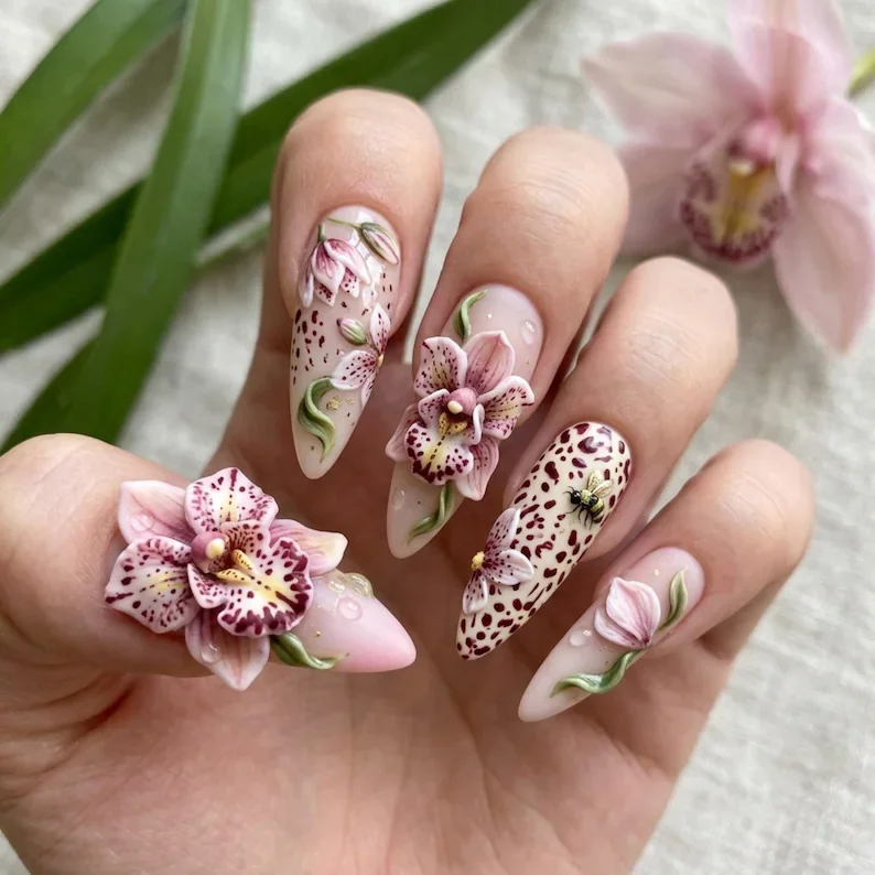 3D Orchid Nails, Leopard Print Nails, press on nails, custom press on nails, fake nails, Nails Art, stained glass nails, gold press on nails, 3d press on nails, luxury press on nails, handmade press on nails