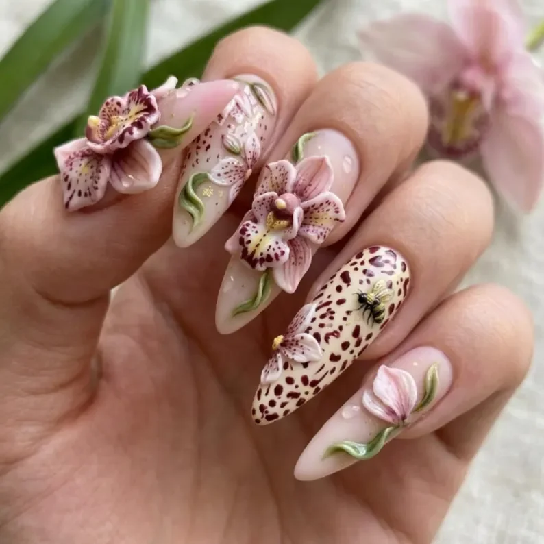 Botanical Art Nails, Orchid Leopard, press on nails, custom press on nails, fake nails, Nails Art, stained glass nails, gold press on nails, 3d press on nails, luxury press on nails, handmade press on nails