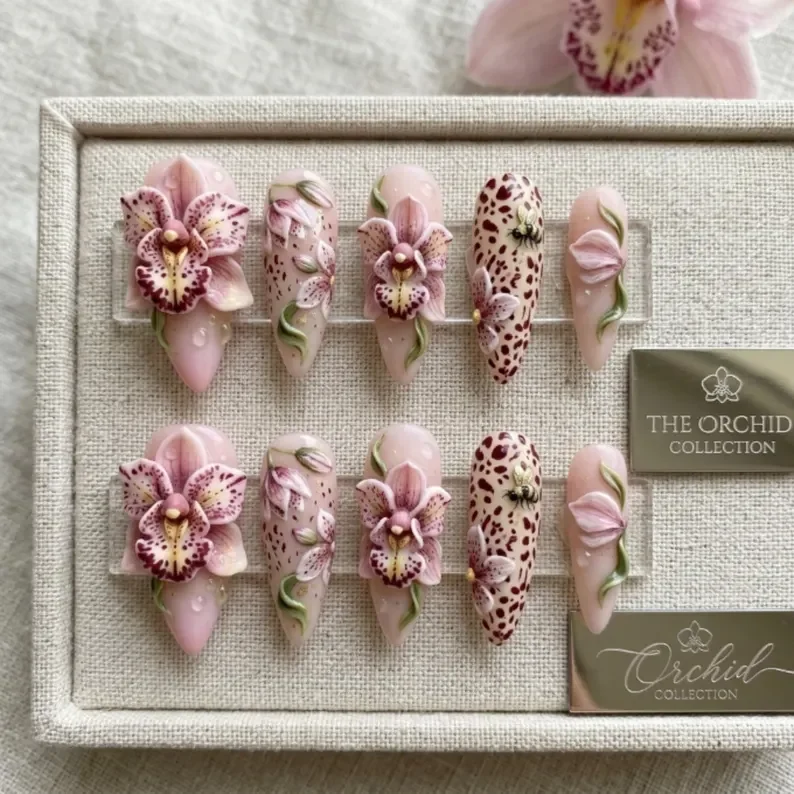 3D Orchid Nails, Leopard Print Nails, press on nails, custom press on nails, fake nails, Nails Art, stained glass nails, gold press on nails, 3d press on nails, luxury press on nails, handmade press on nails