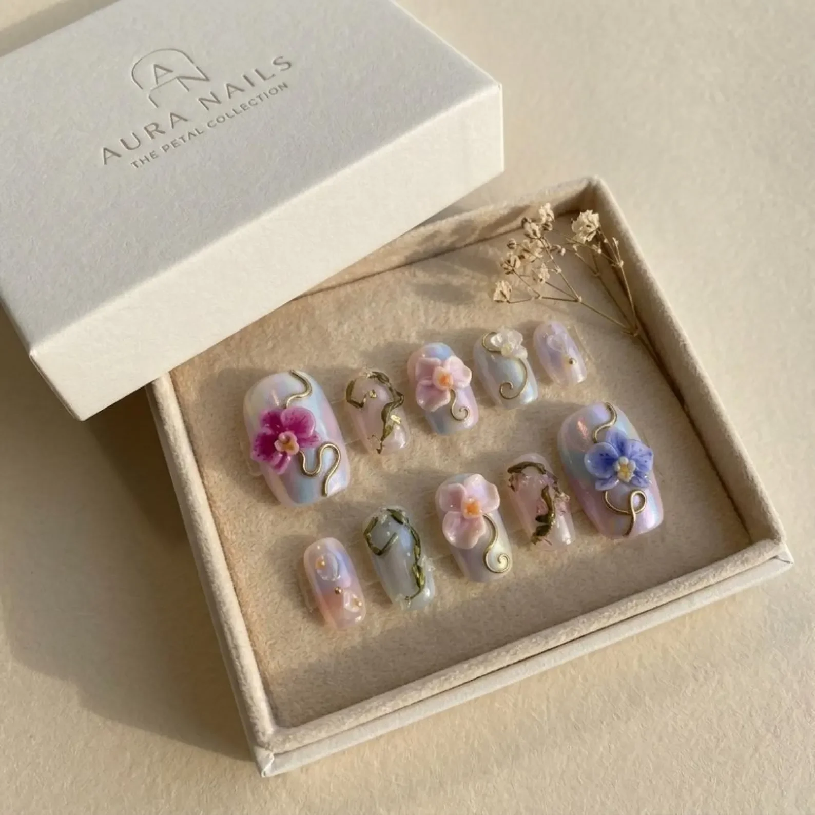 3D Orchid Press On, Iridescent Aurora, press on nails, custom press on nails, fake nails, Nails Art, stained glass nails, gold press on nails, 3d press on nails, luxury press on nails, handmade press on nails