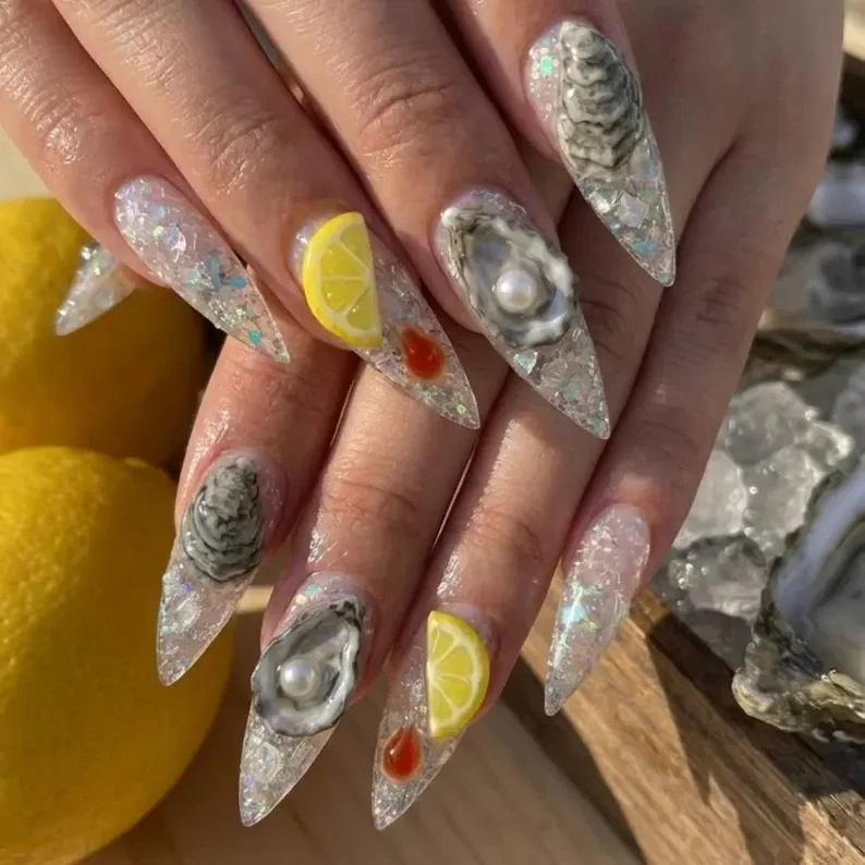 3D Oyster Nails, Press On Nails, press on nails, custom press on nails, fake nails, Nails Art, stained glass nails, gold press on nails, 3d press on nails, luxury press on nails, handmade press on nails
