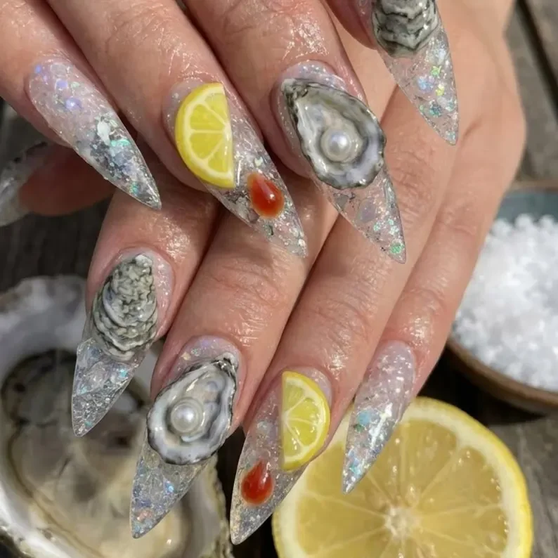 Oyster Themed Nails, Seafood Gift, press on nails, custom press on nails, fake nails, Nails Art, stained glass nails, gold press on nails, 3d press on nails, luxury press on nails, handmade press on nails