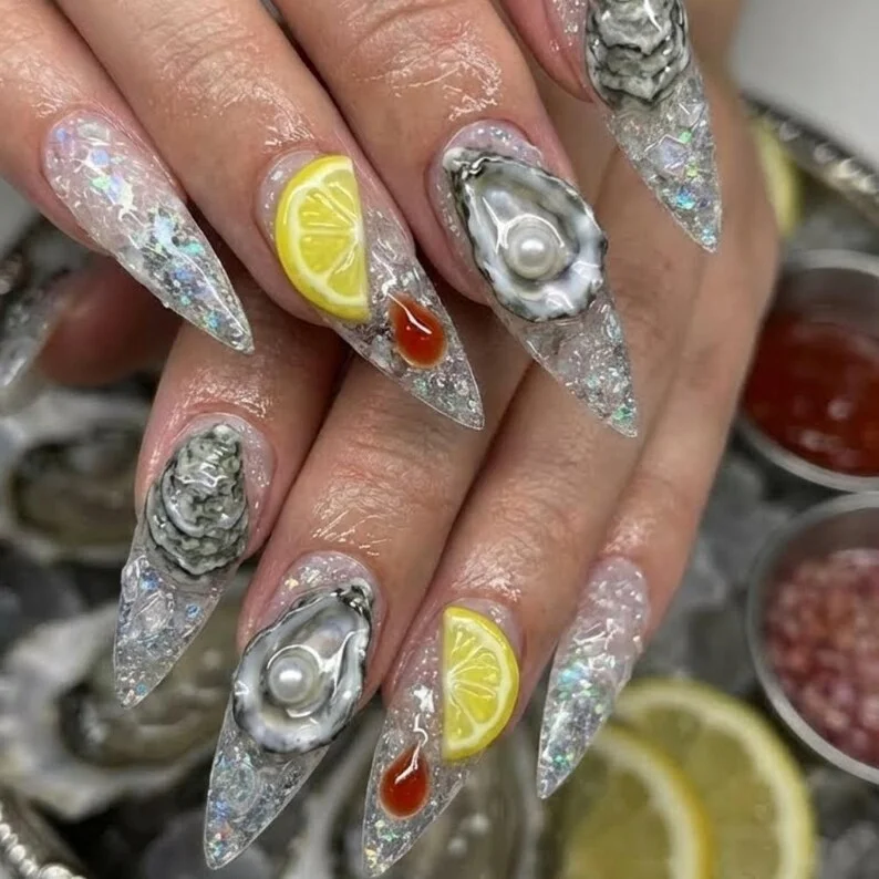 Fake Press On Nails, 3D Seafood Nails, press on nails, custom press on nails, fake nails, Nails Art, stained glass nails, gold press on nails, 3d press on nails, luxury press on nails, handmade press on nails