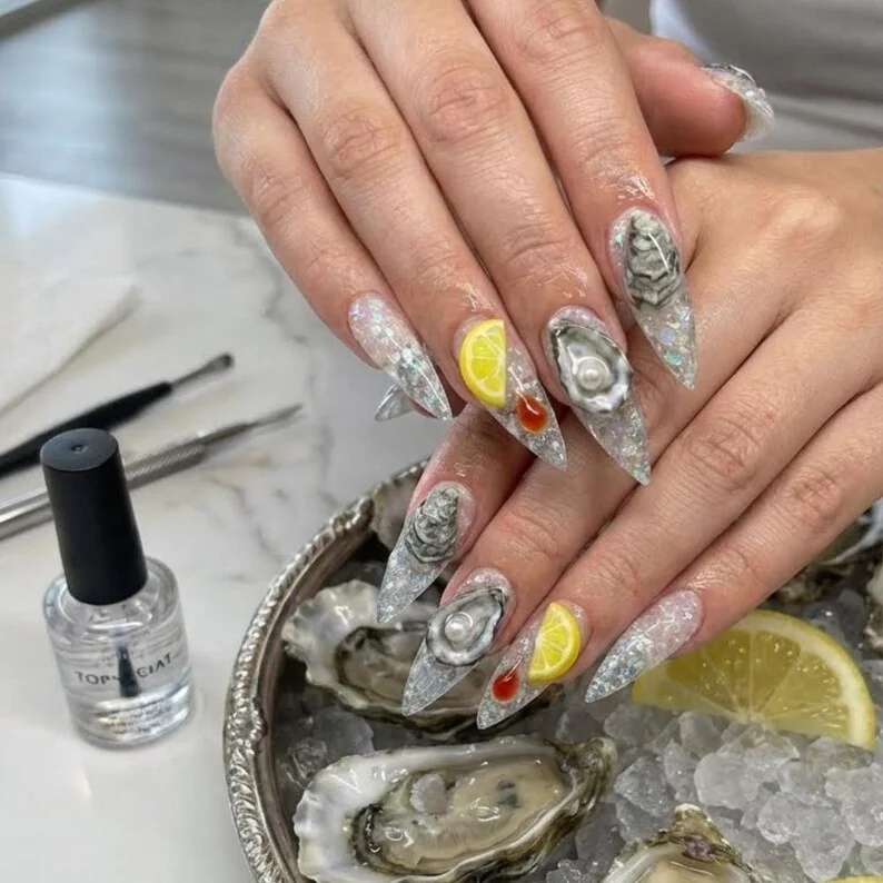 3D Oyster Nails, Press On Nails, press on nails, custom press on nails, fake nails, Nails Art, stained glass nails, gold press on nails, 3d press on nails, luxury press on nails, handmade press on nails
