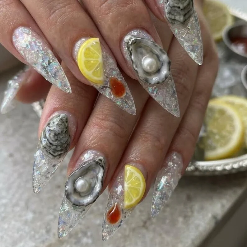 Oyster Themed Nails, Seafood Gift, press on nails, custom press on nails, fake nails, Nails Art, stained glass nails, gold press on nails, 3d press on nails, luxury press on nails, handmade press on nails