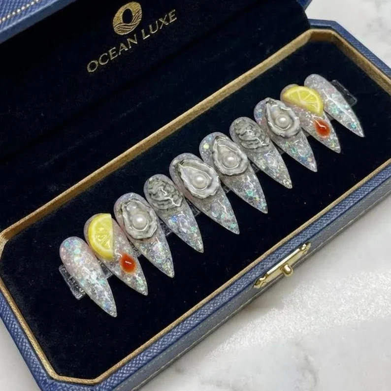 Fake Press On Nails, 3D Seafood Nails, press on nails, custom press on nails, fake nails, Nails Art, stained glass nails, gold press on nails, 3d press on nails, luxury press on nails, handmade press on nails
