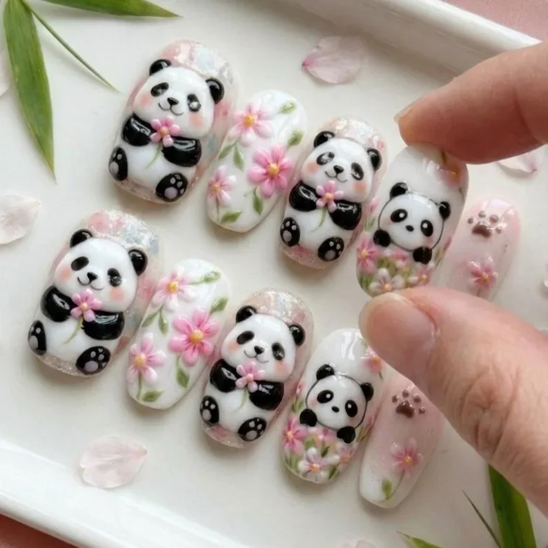 3D Panda Nails, Press On Nails, press on nails, custom press on nails, fake nails, Nails Art, stained glass nails, gold press on nails, 3d press on nails, luxury press on nails, handmade press on nails