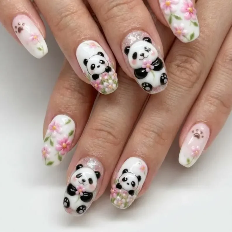Kawaii Nail Art, Pink Flower Nails, press on nails, custom press on nails, fake nails, Nails Art, stained glass nails, gold press on nails, 3d press on nails, luxury press on nails, handmade press on nails