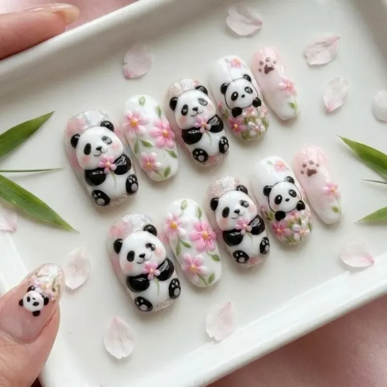 Flower Nail Design, Cute Panda Manicure, press on nails, custom press on nails, fake nails, Nails Art, stained glass nails, gold press on nails, 3d press on nails, luxury press on nails, handmade press on nails