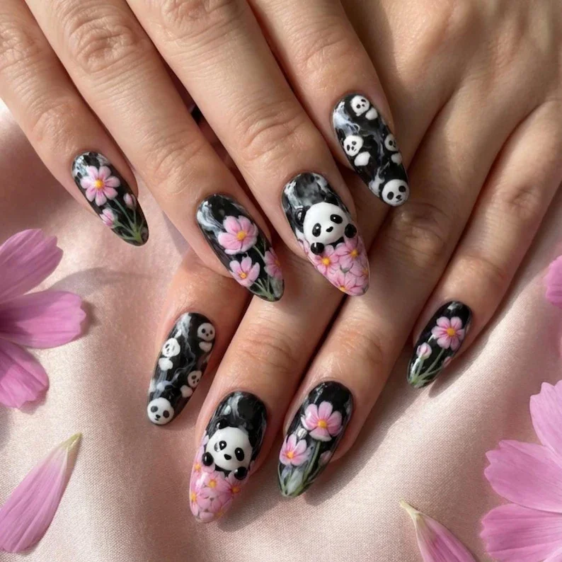 Floral Art Nails, Smoky Black Nails, press on nails, custom press on nails, fake nails, Nails Art, stained glass nails, gold press on nails, 3d press on nails, luxury press on nails, handmade press on nails