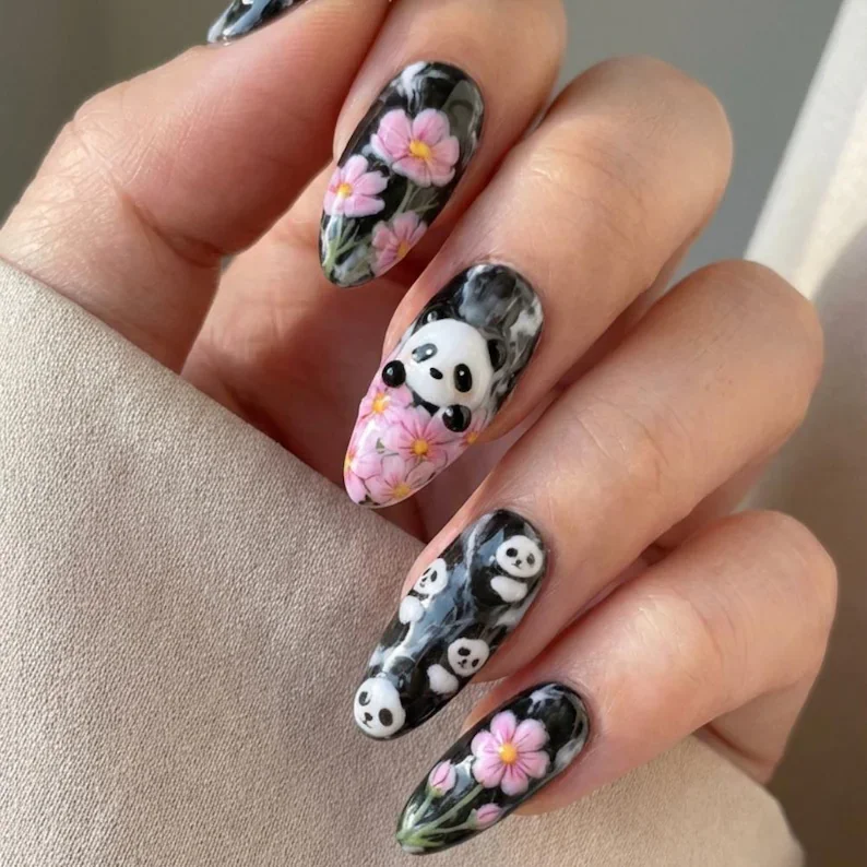 Panda Zen Decor, 3D Floral Nails, press on nails, custom press on nails, fake nails, Nails Art, stained glass nails, gold press on nails, 3d press on nails, luxury press on nails, handmade press on nails