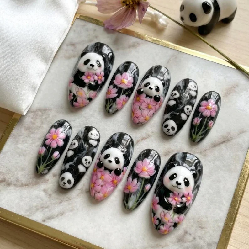 3D Panda Nails, Zen Garden Nails, press on nails, custom press on nails, fake nails, Nails Art, stained glass nails, gold press on nails, 3d press on nails, luxury press on nails, handmade press on nails