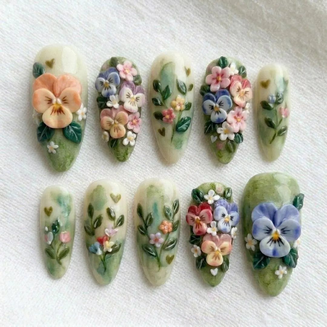 sculpted flower nails, 3D pansy press on, press on nails, custom press on nails, fake nails, Nails Art, stained glass nails, gold press on nails, 3d press on nails, luxury press on nails, handmade press on nails