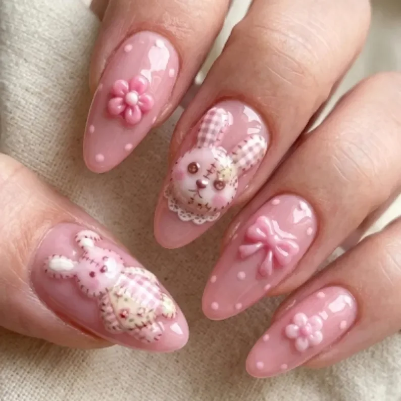 3D patchwork nails, bunny press ons, press on nails, custom press on nails, fake nails, Nails Art, stained glass nails, gold press on nails, 3d press on nails, luxury press on nails, handmade press on nails