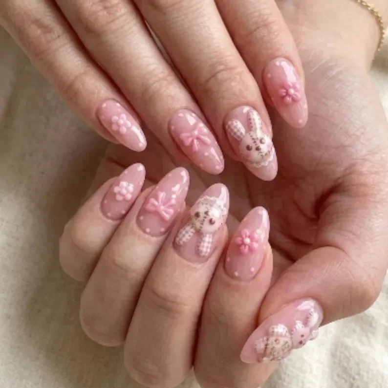 stitched plushie art, plushie nail design, press on nails, custom press on nails, fake nails, Nails Art, stained glass nails, gold press on nails, 3d press on nails, luxury press on nails, handmade press on nails