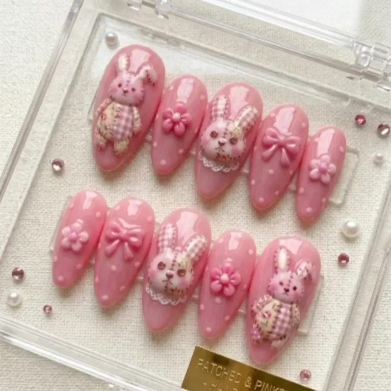 3D patchwork nails, bunny press ons, press on nails, custom press on nails, fake nails, Nails Art, stained glass nails, gold press on nails, 3d press on nails, luxury press on nails, handmade press on nails