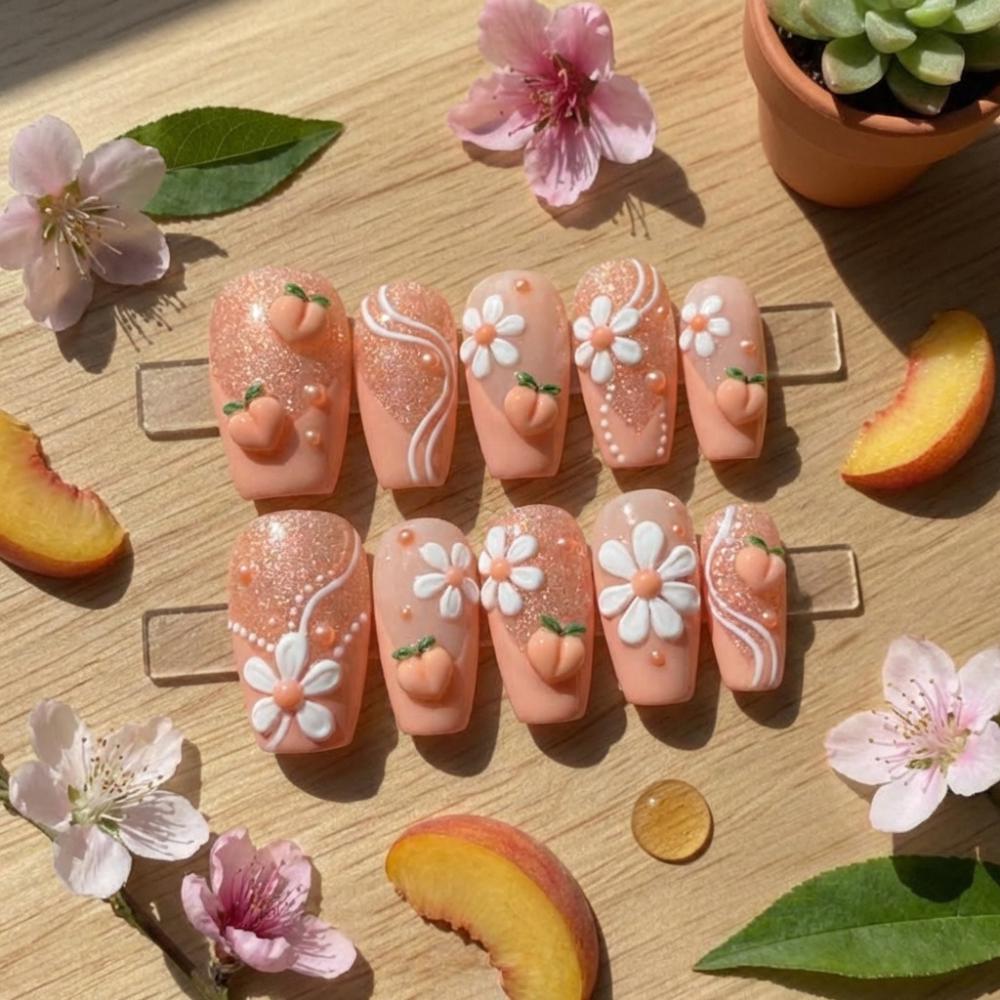 3D peach nails, daisy press on, press on nails, custom press on nails, fake nails, Nails Art, stained glass nails, gold press on nails, 3d press on nails, luxury press on nails, handmade press on nails
