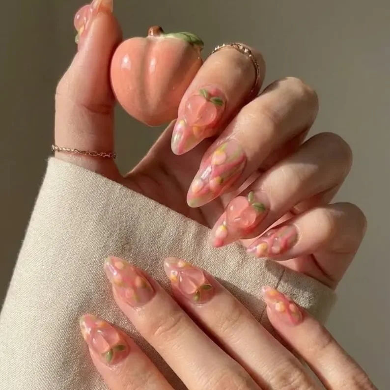 3D Peach Press-On, Press-On Nails, press on nails, custom press on nails, fake nails, Nails Art, stained glass nails, gold press on nails, 3d press on nails, luxury press on nails, handmade press on nails